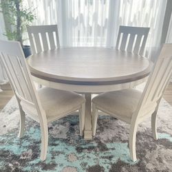 Farmhouse White /Beige  60” round dining table set 4 chairs