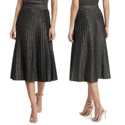 Elie Tahari Black Metallic Lurex Pull On Elastic Waist Knit Midi Skirt, size L 