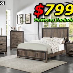 4pcs Queen Size Bedroom Set w. Mattress Included 