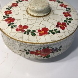 Round Vintage Tin With Beautiful Red Little Painted Flowers 