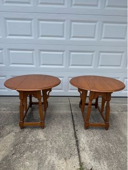 Vintage solid oak drop leaf end tables!