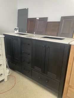 Bathroom vanity cabinet 60” solid mango Quartz top with sinks and backsplash