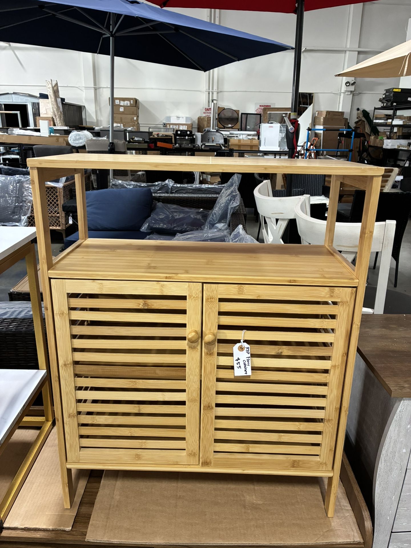 Newly Assembled Storage Cabinet Bamboo Bathroom Floor Cabinet with Double Louvered Doors Open Shelf