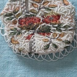 White seed bead and tapestry evening bag.