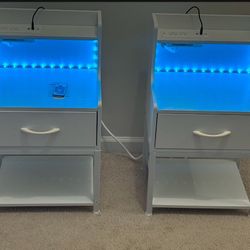 Set of 2.Labcosi White Bedside Table with Drawer Nightstand with Charging Station and LED Light Modern Bedroom End Tables