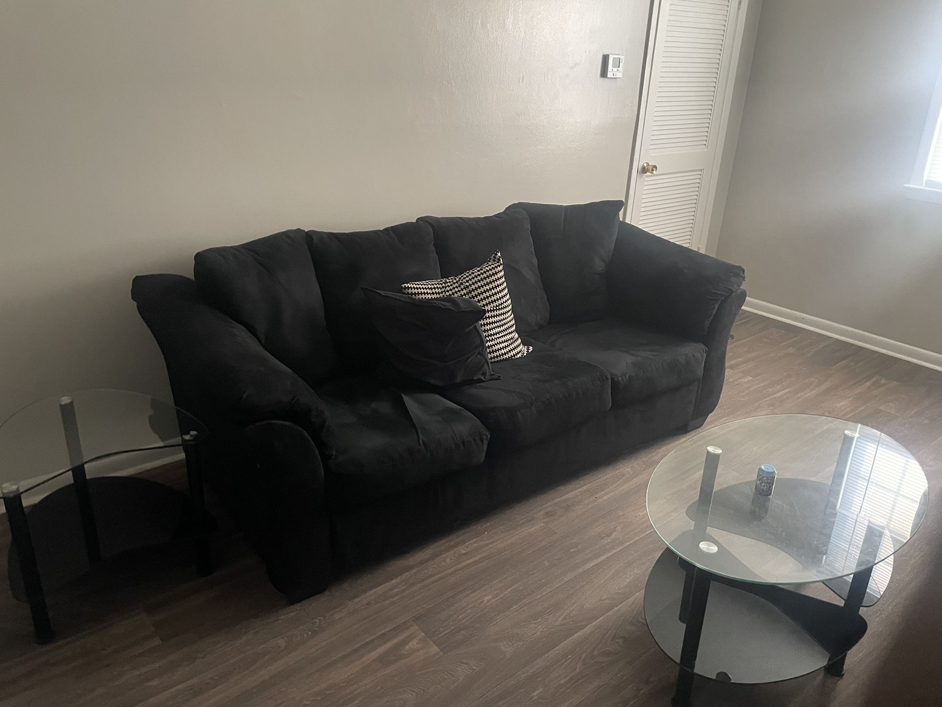 Couch, 2 End Tables w| dining table, Glass Kitchen table w| 4 Chairs