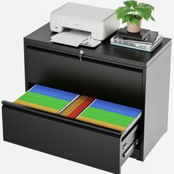Metal Lateral File Cabinets with Lock, 2 Drawer Black Lateral Filing Cabinet for Legal/Letter A4 Size, Locking Metal Wide File Cabinet for Home Office
