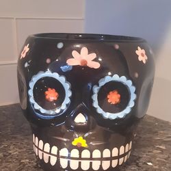 Sugar Skull Day of Dead Ceramic Succulent Planter Black Goth Bowl