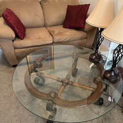 Couch, Coffee Glass Table, Pair Lamps