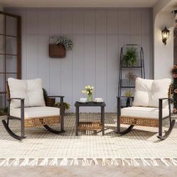 Brown 3-Piece Wicker Patio Conversation Set Outdoor Rocking Chairs with Beige Cushions $230 Warehouse Address: 2745 Boone st  Columbia sc 29204 Behind