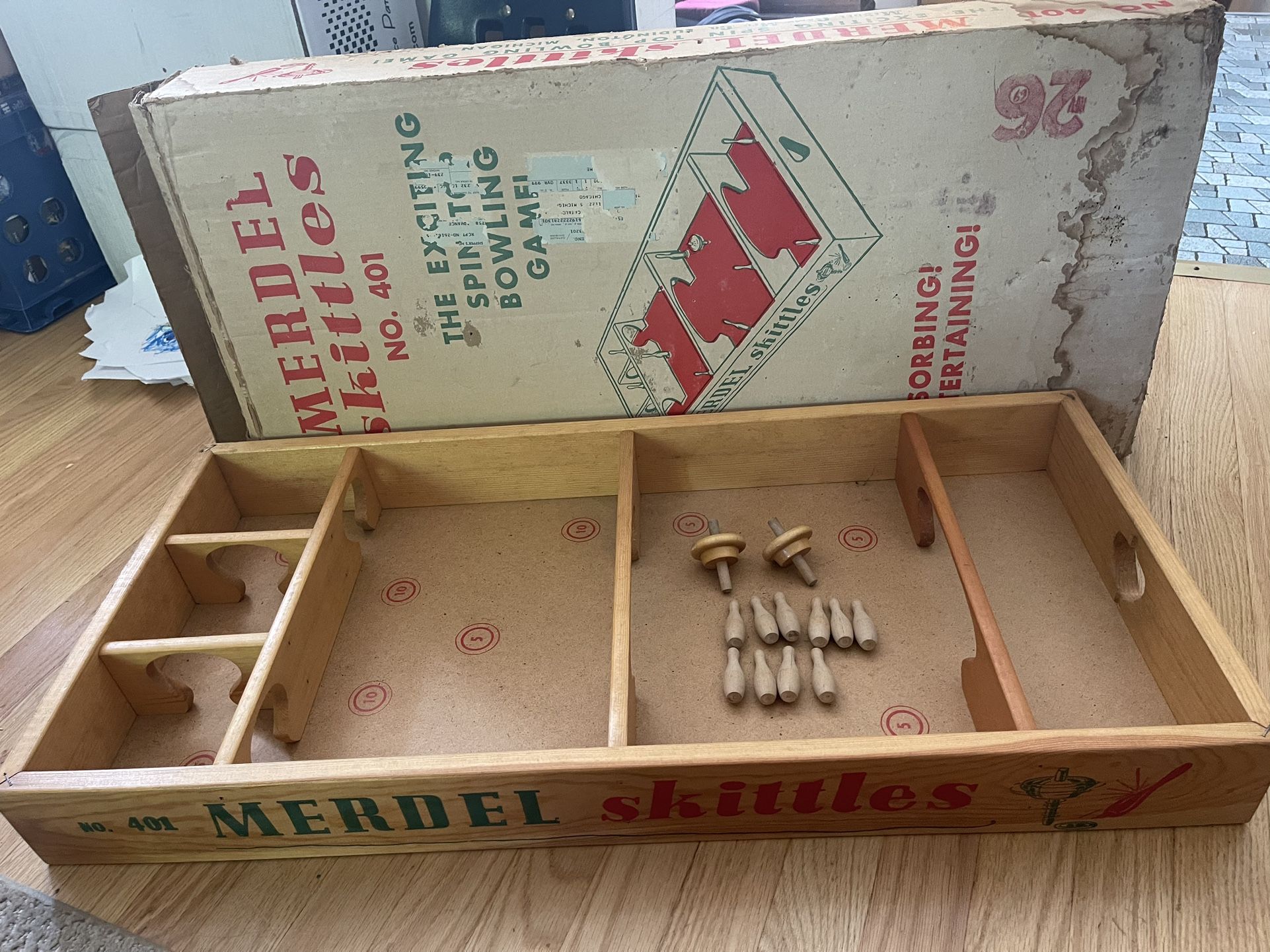 Vintage 1960 Merdel Skittles 401 Bowling Game 10 Pins + 2 Spinners With Original Box