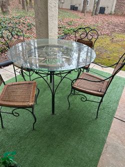 Patio Glass Wicker Iron Table Set