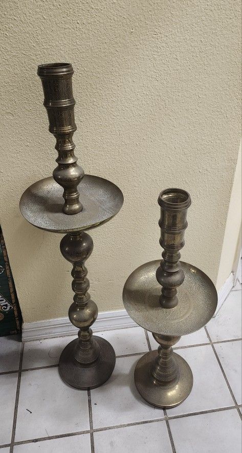 Vintage 35" and 25" Moroccan Etched Brass Pillar Floor Altar Candlestick Candle Holder Pair