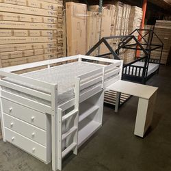 Twin loft bed with desk, bookcase, & chest. Available in white & grey. Assembly required.  Assembly not included.  Tax included.  Free local delivery.