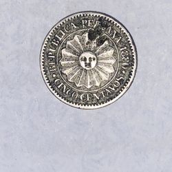  The product is a 5 centavos coin from Peru, minted in 1880. This coin has historical significance as it represents a piece of currency from a specifi