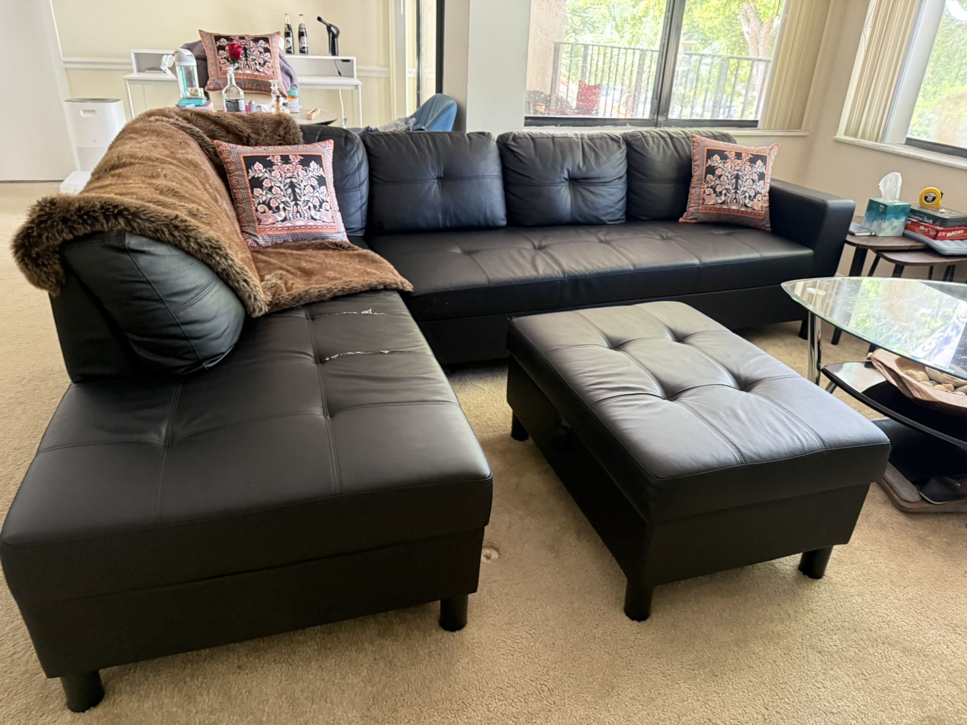 Black Leather Sectional Sofa With Storage Ottoman