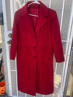 16. # Red Wool Long Coat with Button Front