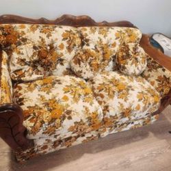 Vintage Floral Loveseat With Wood Accents