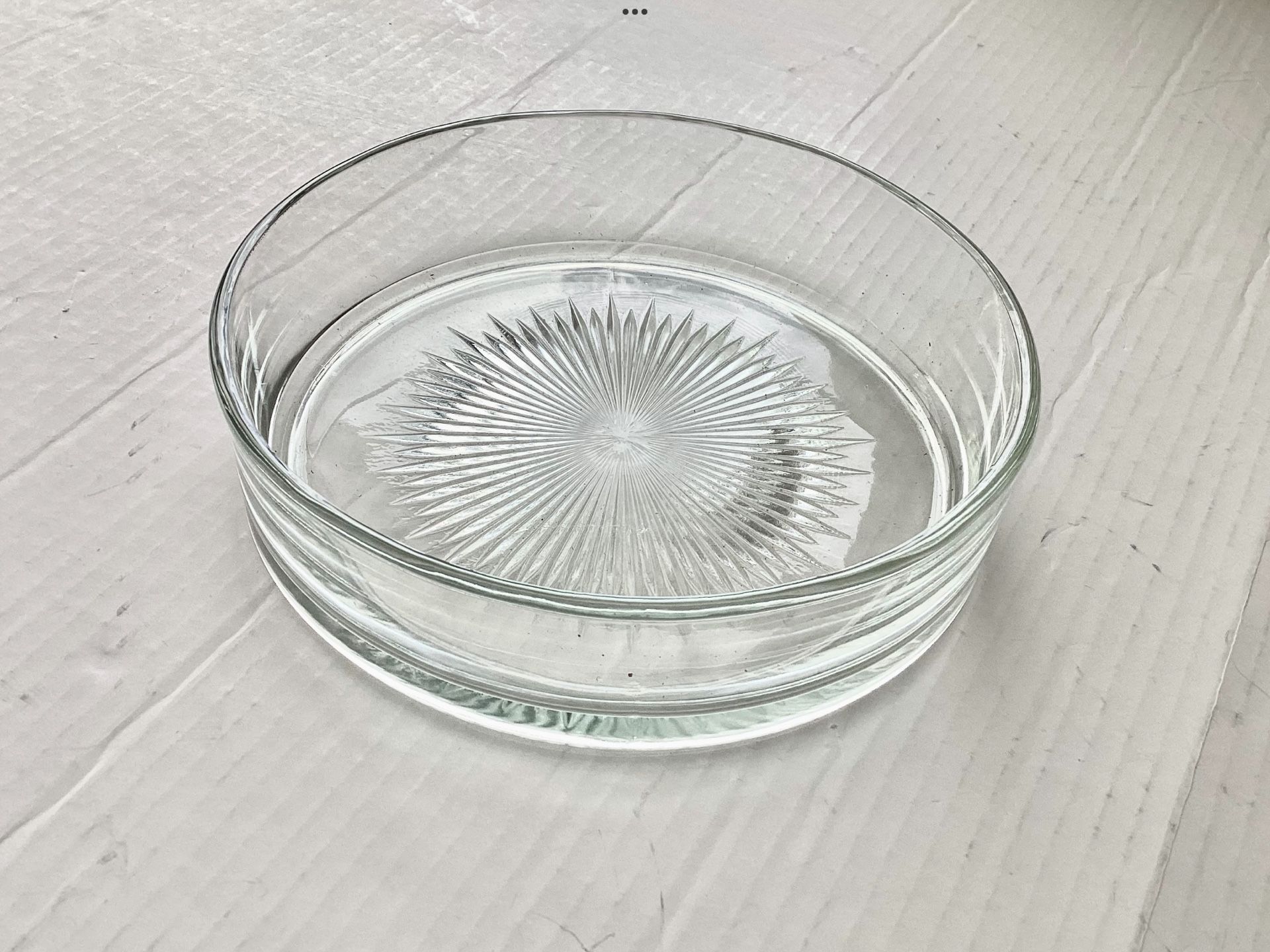 1950s Large Clear Glass Starburst Pattern Ashtray, Trinket / Jewelry Holder, Candy, Nuts, Snack Bowl 7” Diameter