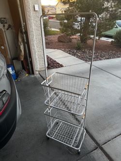 Rolling Two Basket Cart — White Metal and Bamboo