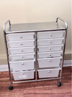 Rolling 12-Drawer Storage Cart – Chrome Frame with White Plastic Drawers