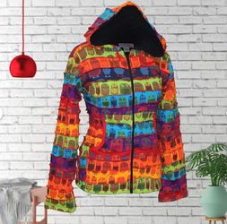 Rasta Rainbow Striped Owl Print - Hippie Hoodie Jacket | Medium | Zip Up - Hoodie Hood | Bohemian Hippie | 100% Cotton Jacket
