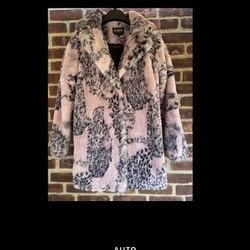 EUC GUESS Los Angeles Pink Cheetah Print Faux Fur Coat Jacket S Lined gorgeous 