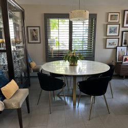60” Marble Dining Table And 5 Black Velveteen Dining Chairs 