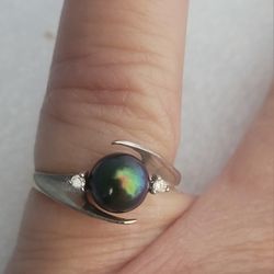 14K White Gold  Blue Pearl Ring with 2 Diamond Accents