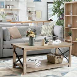 simple Rustic Accent Coffee Table Metal X Shaped Side Cocktail Table with Storage Shelf