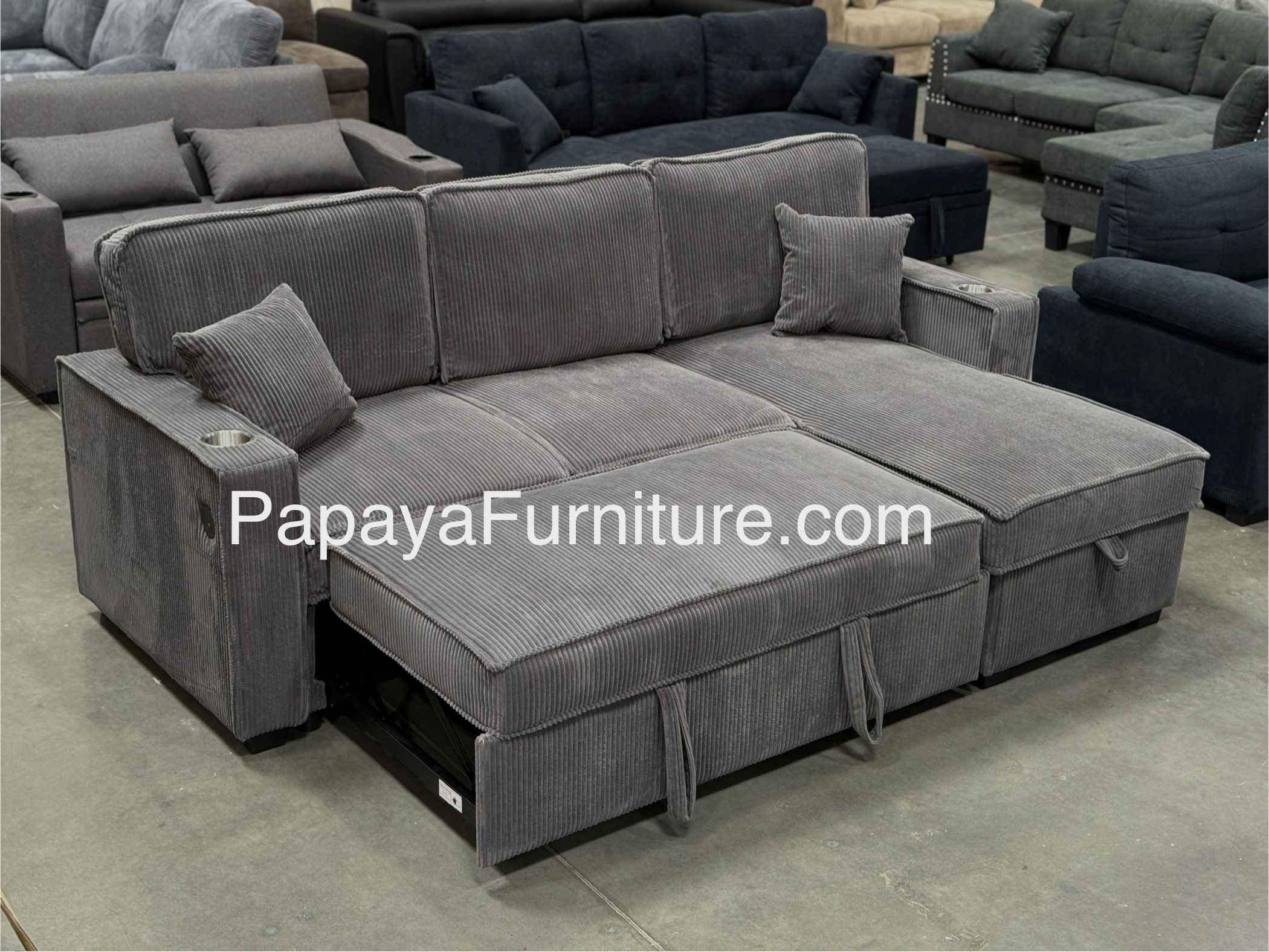 New! 89”L Reversible Grey corduroy Sectional Sofa Bed, Sectional Sofa Bed, Grey Sofa, Sleeper Sofa, Grey Couch, Reversible Sectional, Sectional Sofa W