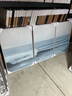 3-Piece Ocean Wave Canvas Wall Art | Coastal Beach Decor | White Framed Canvas | 24” x 36” Each |