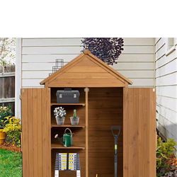 Outdoor Wooden Storage Cabinet, Garden Wood Tool Shed, Outside Wooden Shed Closet with 3 Detachable Shelves, Waterproof Roof, and Latch for Yard Patio