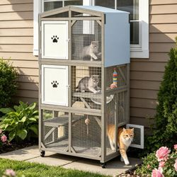 Cat catio, 66"Tall Portable Cat condo, Outdoor Cat Enclosure with Wheels, Window Connection Cat House, 4-Tier Activity Center with Acrylic Pod, NEW