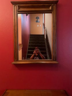 Wood Framed Wall Mirror with Shelf
