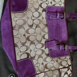 Vintage ‘00s Y2K Coach Brown  Brown Purple Signature Suede Handbag Shoulder Bag Gold Hardware