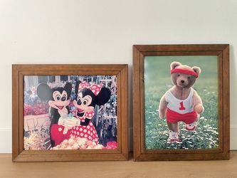 Set of 2 Vintage Wooden Framed Prints Mickey & Minnie Mouse & Teddy Bear