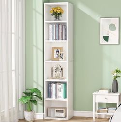 70.9 Inch Tall Narrow Bookc ase, Modern White Corner Bookc ase with Storage, 6 Tier Cube Display Shel ves