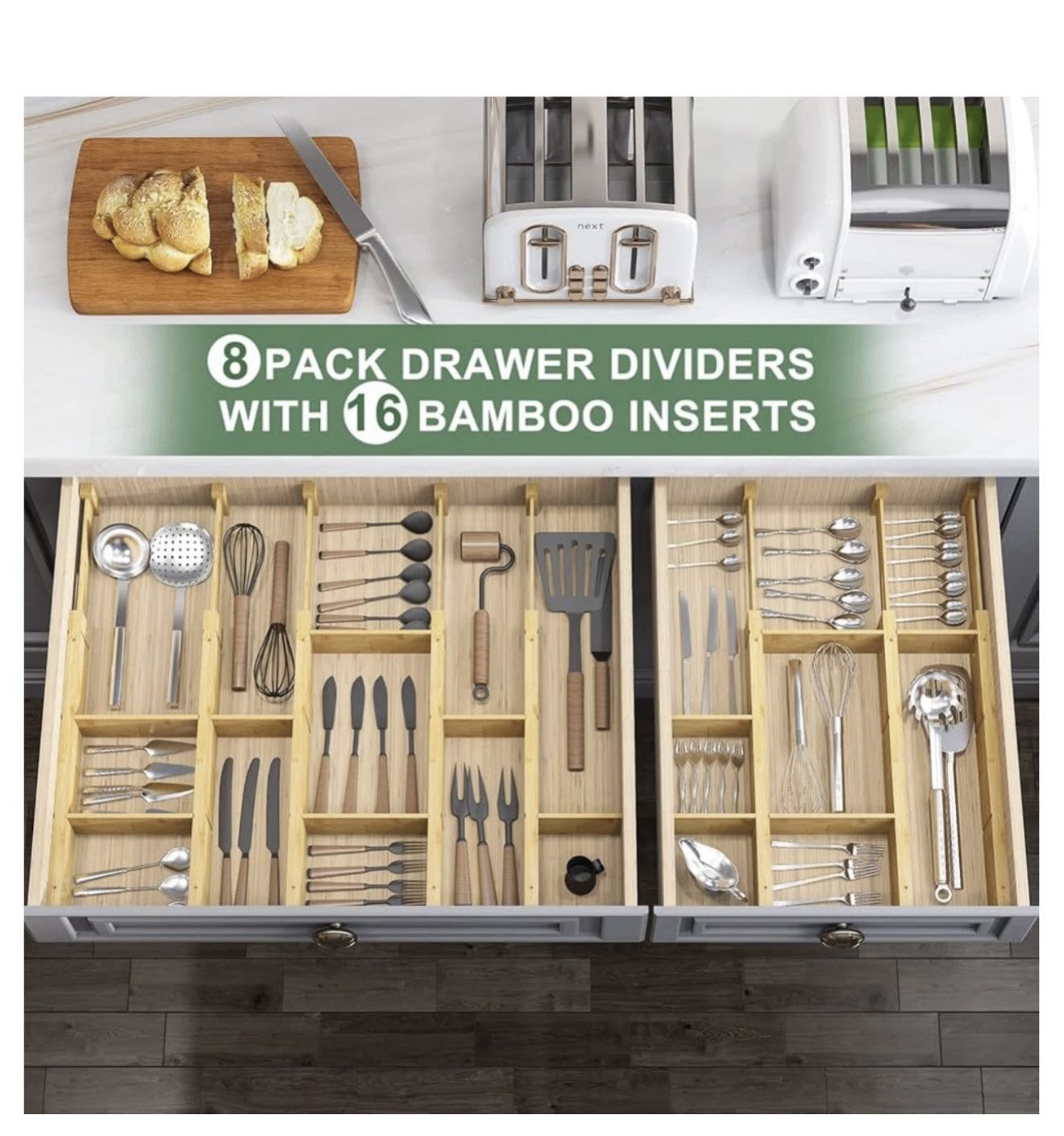 Expandable Bamboo Drawer Dividers 8 pack with 16 Inserts (16.5"-22")
