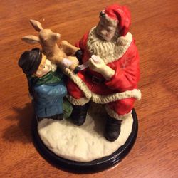 Vintage Porcelain Santa With Deer And Little Boy On Wood Base