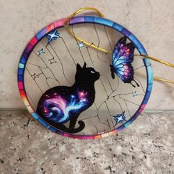 Galaxy Cat And Butterfly Window Ornament.