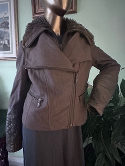Brown Wool Moto Jacket with Faux Fur Collar
