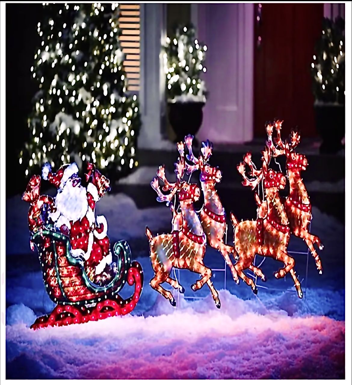 5 Ft long Holographic Santa in Sleigh with 4 Reindeer Outdoor Indoor Holiday Yard Christmas Display Pre Lit