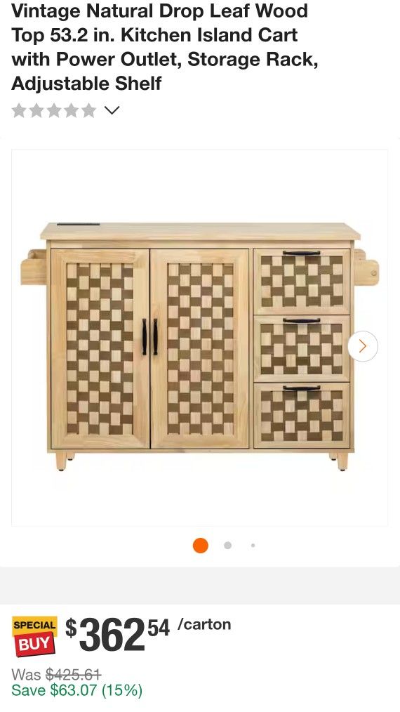 Vintage Natural Drop Leaf Wood Top 53.2 in. Kitchen Island Cart with Power Outlet, Storage Rack, Adjustable Shelf
