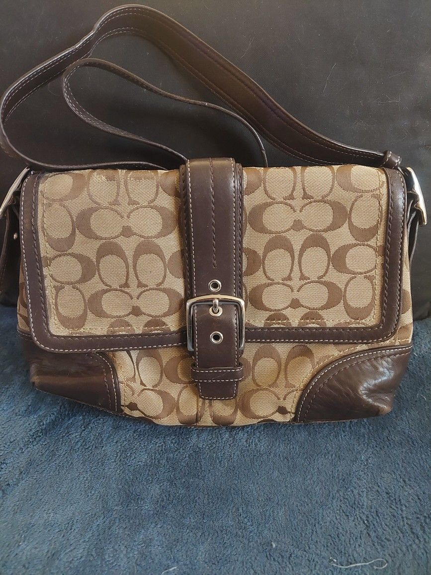 Coach Bag Hampton F12641 Brown Signature Jacquad & Leather Flap Handbag Purse