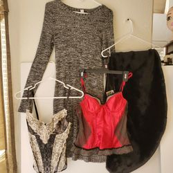 Grey Dress, 2 Corsets &  Faux Fur Shawl