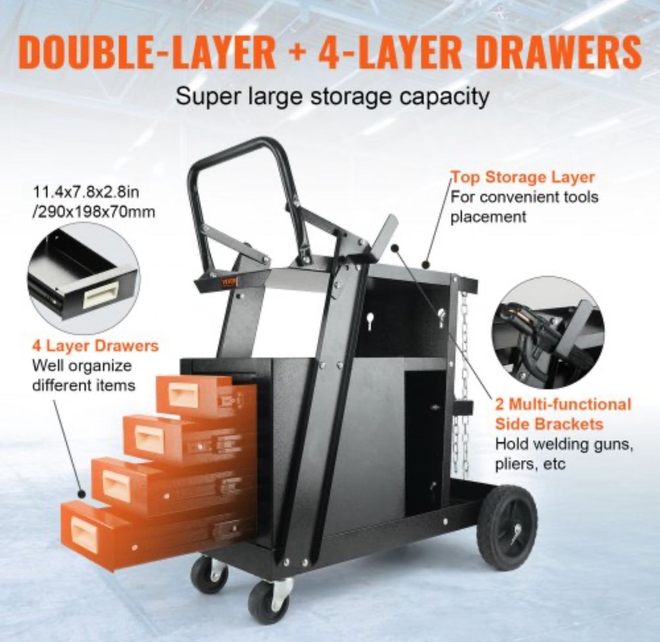 Welding Cart, 2-Tier 4 Drawers Welder Cart 