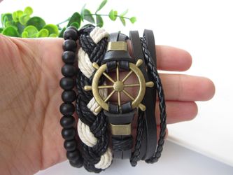 Adjust. Size up to 9.5inc Punk Retro Nautical Leather Bracelet Set of 4, Ship Rudder