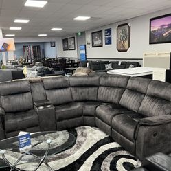 Gray Sofa Sectional w/ 3 Manual Recliners 