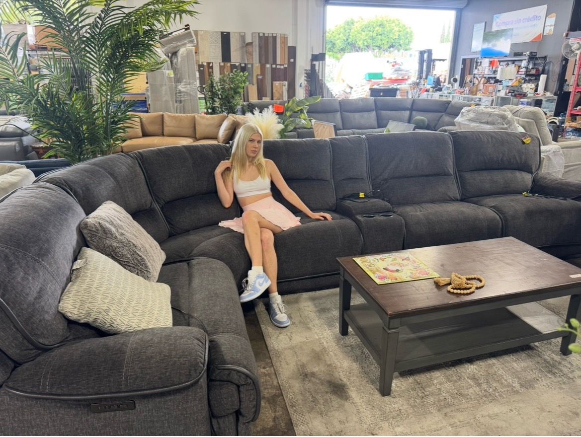Fabric power reclining sectional couch in grey